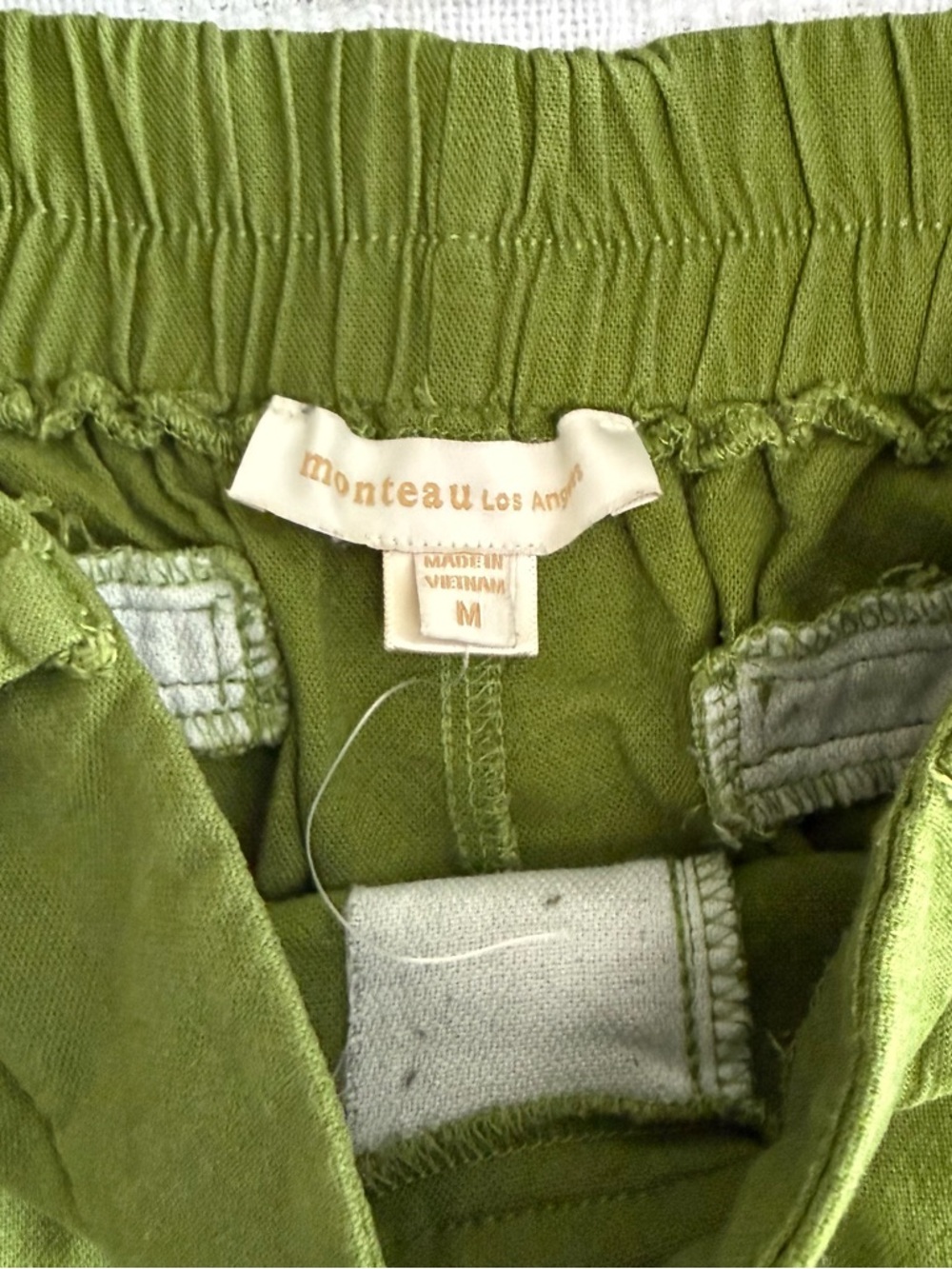 Monteau Bright Olive Green Linen Blend Set with cropped Smocked Ruffled Top - Picture 6 of 11